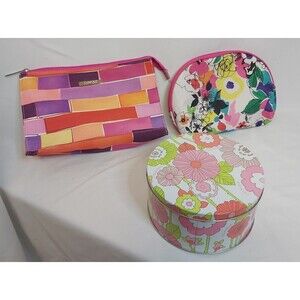 Clinique Pink Floral Tin Canister Multicolored Bag Purple Orange Bag Lot MakeUp